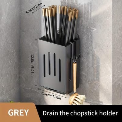 1 support mural pour baguettes, cuillères et couverts pour évier de cuisine domestique, pas besoin de percer des trous pour égoutter les tubes de baguettes gris