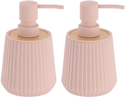 Tendance zeeppomp striped - 2x - roze - 250 ml - D8 x H15 cm - rubber/bamboe - zeep dispenser