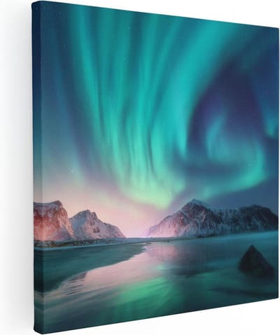 Artaza Canvas Schilderij Noorderlicht - 30x30 cm - Klein - Muurdecoratie Zeezicht - Wanddecoratie Bergen - Kamer Accessoires