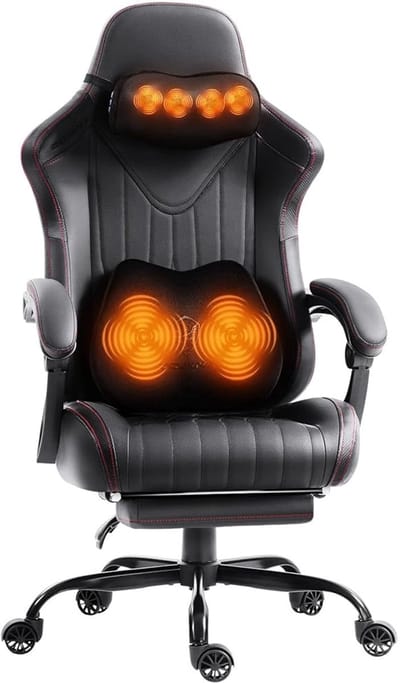 Dowinx Gaming Stoel - Gamestoel met Massage en Verwarming - Ergonomische Bureaustoel - Verstelbaar met Voetsteun - Pocketvering - Kunstleer - Zwart