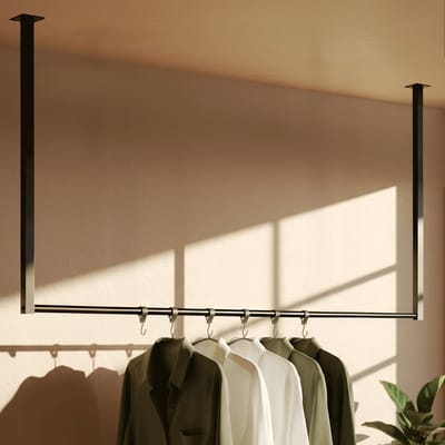 CLP Fenton Kledingstang - kledingstandaard - kledingroede - garderobestang - kleding stang - voor plafondmontage - met 6 haken - zwart