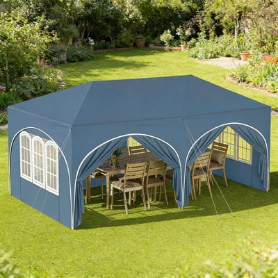 OKWISH Partytent – Opvouwbaar 3 x 6 m – Metaal En Oxford – Blauw – Met 6 Zijwanden Voor Tuin, Feest En Markt