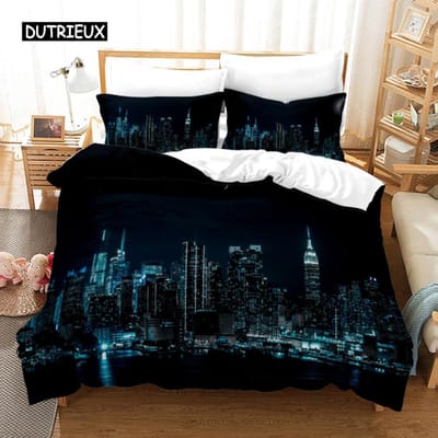 New York City Night View Beddengoedset Queen King Size Dekbedovertrek / Dekbedovertrek Kussensloopset Zacht Huistextiel Beddengoed 140x200cm 3pcs