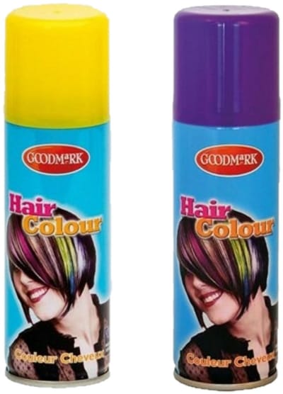 Goodmark Carnaval verkleed haarverf - haarspray - kleuren paars en geel - 125 ml per flacon - verven