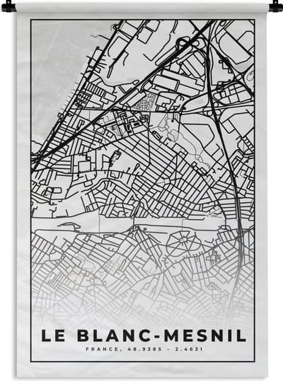 Wandkleed - Wanddoek - Plattegrond - Kaart - Frankrijk - Stadskaart - Le Blanc-Mesnil - Zwart wit - 120x180 cm - Wandtapijt