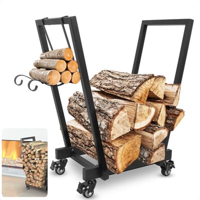 Cheqo® Verrijdbaar Houtrek - Metaal - Houtopslag 50 kg - Houtopslag - Brandhoutrek - Houtberging - Haardhoutopslag - Met Wielen