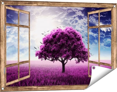 Gards Tuinposter Doorkijk Paarse Boom in het Paars Veld met Vogels - 90x60 cm - Tuindoek - Tuindecoratie - Wanddecoratie buiten - Tuinschilderij
