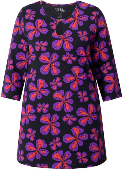 Ulla Popken - Dames - Longshirt bloemen A-lijn ronde hals 3/4-mouw - Zwart - Maat 54+