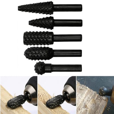 Set van 5 stuks – Roterende boorbits – Houtsnijvijlboren – Beitelvormige roterende reliëfslijpbits voor houtbewerking – Houtsnijgereedschap – Voor slijpen – Zwart – Voor slijpen, polijsten, vormen en schuren