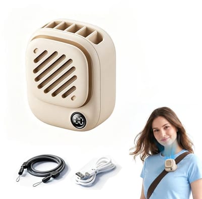 KZQ Mini draagbare nekventilator - Handsfree ventilator - Magnetische clip - 3 instelbare windsnelheden - LED-display - Hangtouw - USB oplaadbaar - 2000 mAh - Inclusief snellaadkabel - Geschikt voor op reis, buiten of als cadeau - Abrikoos