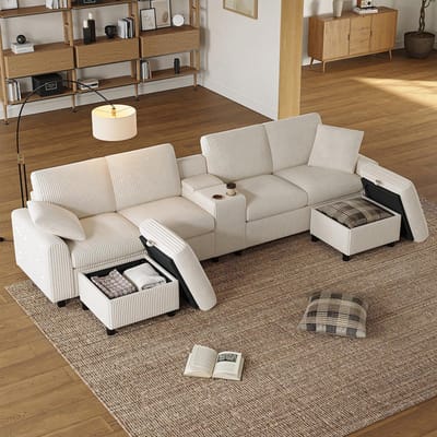 Pugsdrly U-vormige bank in corduroy, inclusief 2 voetensteunen met opbergruimte, een salontafel, 2 bekerhouders, 1 USB-poort, 2 stopcontacten en 2 Type-C-poorten; beige