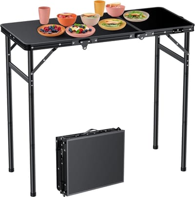 Camping Vouwtafel 90 x 40 cm, 3 Verstelbare Hoogtes (27/51/75 cm), Draagbare Aluminium MDF Tafel met Opbergtas voor Kamperen, Vissen en Strandgebruik