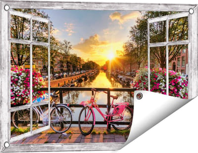 Gards Tuinposter Doorkijk Amsterdamse Brug met Zonsopgang - 60x40 cm - Tuindoek - Tuindecoratie - Wanddecoratie buiten - Tuinschilderij
