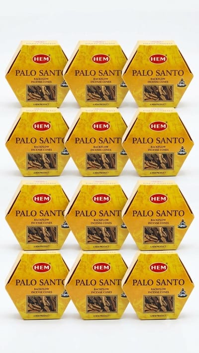 12 X HEM Palo Santo Backflow Wierookkegels - 40 Stuks - Authentieke Geur - Premium Voor Waterval Wierookhouder - Vegan, Natuurlijke Wierook voor Ontspanning en Meditatie Met Kajal Sticker