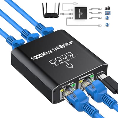 LAN Splitter 1 naar 4 - Gigabit Ethernet Splitter met RJ45, 1000 Mbps, Ethernet Switch voor Computer en Router
