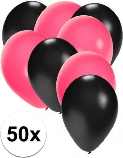 50x ballonnen zwart en roze - knoopballonnen