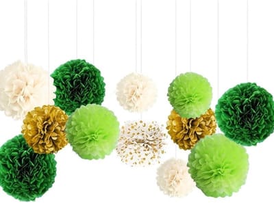 Set van 12 Zijdepapier Pompoms in 5 Kleuren, Versieringen voor Bruiloften en Verjaardagsfeesten, 3 Maten, Decoratieve Bloemen voor Muurdecoratie en Feestelijke Evenementen