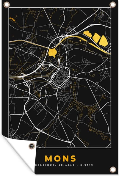 Muurdecoratie Mons - Black & gold - Stadskaart - Plattegrond - Kaart - 120x180 cm - Tuinposter - Tuindoek
