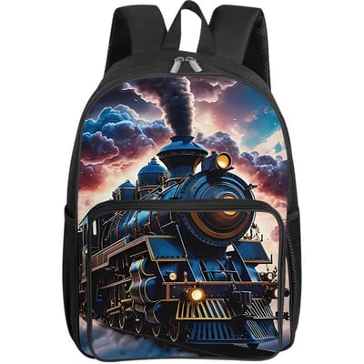 Sac à dos carré avec poche avant motif train de dessin animé pour garçon et fille Meilleurs cadeaux Sacs d'école plats 2D dessin animé pour enfants gray