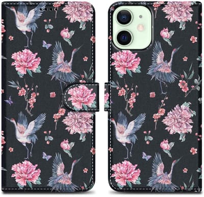 Cadorabo Hoesje geschikt voor Apple iPhone 12 MINI - Design Kraan & Bloemen No. 9 - Beschermhoes Case Cover met magnetische sluiting, standaardfunctie en kaartvakje