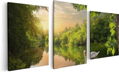 Artaza Canvas Schilderij Drieluik Zwaan op het Water in het Bos - 120x60 - Foto Op Canvas - Canvas Print