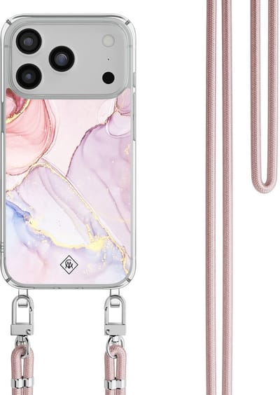 Casimoda® hoesje met rosegoud koord - Geschikt voor iPhone 17 Pro - Marmer roze paars - Afneembaar koord - TPU/polycarbonaat - Paars
