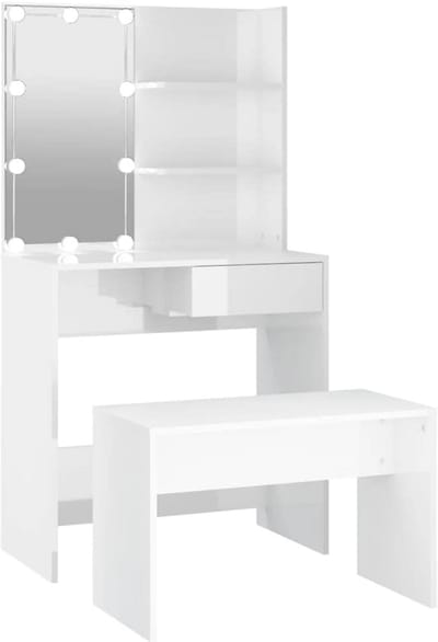 Dressing Table Set with LEDs - High Gloss White Makeup Table and Mirror - Bedroom Furniture