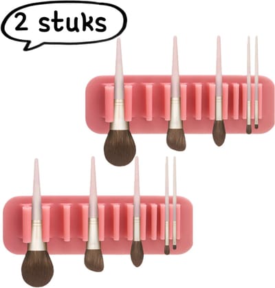 2-delige make-upborstelhouder - Draagbare siliconen zuignap make-upborstel droogrek met automatische adsorptie - Roze