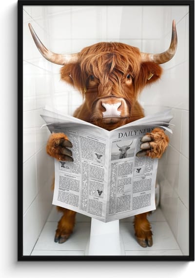 Poster in lijst - Fotolijst 80x120 cm - Posters - Schotse Hooglander - Dier - Krant - Toilet - Posterlijst zwart - Wanddecoratie badkamer - Muurdecoratie WC - Decoratieve accessoires - Toilet muur decoratie