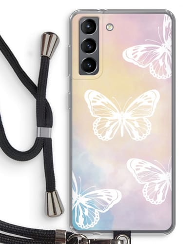 Case Company® - Hoesje met koord geschikt voor Samsung Galaxy S21 hoesje met Koord - White butterfly - Telefoonhoesje met Zwart Koord - Bescherming aan alle Kanten en Over de Schermrand