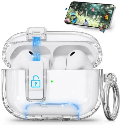 1 stuk - beschermhoes - oordopjeshoes - compatibel met AirPods Pro 3 (model 2025) - voorzien van veiligheidsslot, telefoonstandaard en automatisch openend deksel - transparant ontwerp dat niet vergeelt - inclusief sleutelringbevestiging - transparant