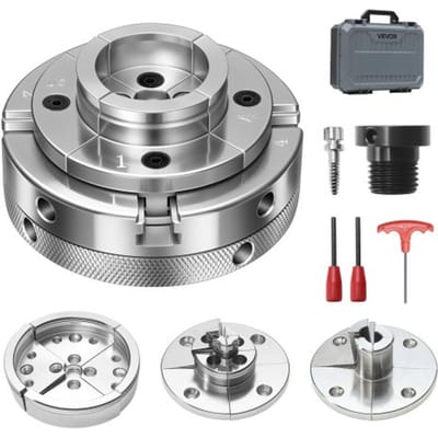 VEVOR 4-inch draaibankspantang (4 klauwen) met 1-inch x 8TPI schroefdraad en adapter, 5-delige spantangset (getrapt/rond/pen), vernikkeld oppervlak met draagtas voor houtdraaibanken