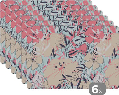 Placemat - Placemats kunststof - Vintage - Bloem - Roze - Patronen - 45x30 cm - 6 stuks - Hittebestendig - Anti-Slip - Onderlegger - Afneembaar