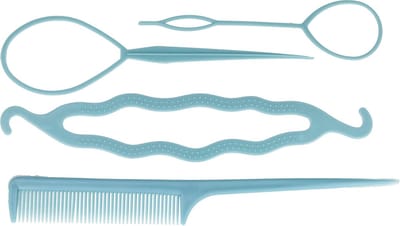 Haarsoires Styling Tool Set – Kunststof – Topsy Tail Knotrolband Puntkam – Blauw – Set van 4 - Haarstyling - Voor Vlechten, Knopen & Hair Loops - Vlechten, Twists & Kapsels