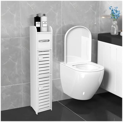 OwlyVision Smalle Badkamerkast met Toiletpapierhouder - Ruimtebesparende Opbergkast voor Toilet en Badkamer - Wit Kunststof Kastje - 78 x 17 x 15 cm