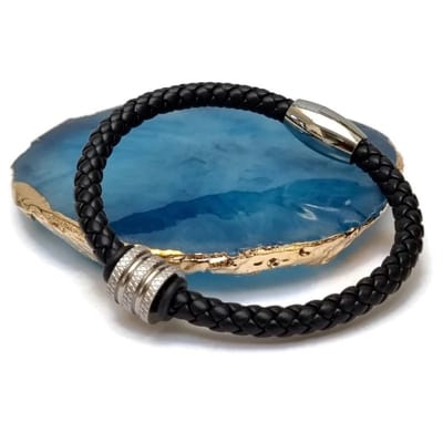 Aramat Jewels | Armbanden | Heren Armband Leer met RVS Kraal – 20cm Magneetsluiting Zwart Zilver | | | |10mm | Leer | Volwassenen | Verkleurd niet