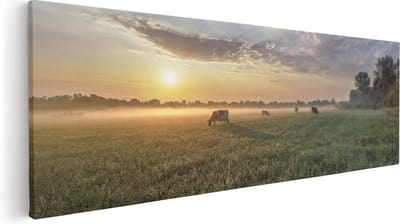 Artaza Canvas Schilderij Landschap - 60x20 cm - Wanddecoratie Koeien In De Wei - Muurdecoratie Zonsopkomst - Kamer Accessoires Natuur