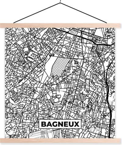 Posterhanger incl. Poster 40x40 cm - Schoolplaat - Kaart - Plattegrond - Frankrijk - Stadskaart - Bagneux - Zwart wit - Textielposter - Blanke latten - Stadskaart