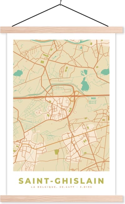 Posterhanger incl. Poster 40x60 cm - Schoolplaat - Plattegrond - Kaart - Vintage - Stadskaart - Saint-Ghislain - Textielposter - Blanke latten - Stadskaart