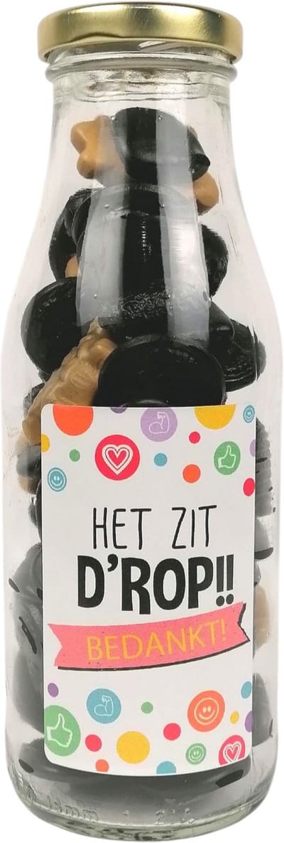 Het zit d'rop - bedankt - cadeaufles - einde schooljaar - drop cadeau - bedankt collega - pensioen - bedankt meester - bedankt juf cadeautje - einde stage