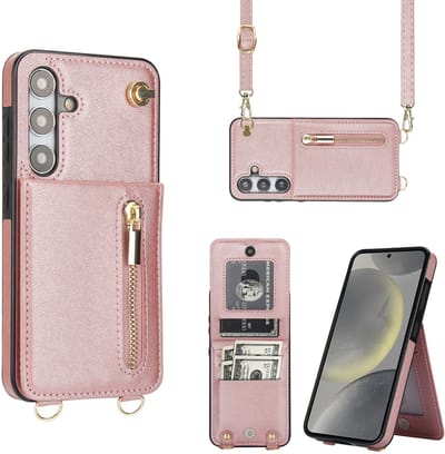 Multimedia & Accessoires Stijlvolle Leren Fashion Backcover Case Hoesje met Koord, Stand Ritsvak en Pasjeshouders geschikt voor Samsung Galaxy S25 - Rosegoud