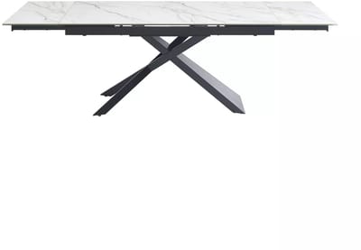 Vente-unique Uitschuifbare eettafel voor 6-10 personen in keramiek, gehard glas en metaal - Witte marmerlook en zwart - LUMIEL