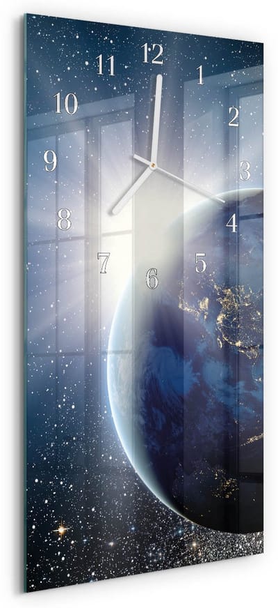 Tulup Wandklok - Aarde Weltall Moderne Wandklok Glas - 30x60 cm - Blauw Wandklok Glas Decoratie - Witte Handen - Rechthoekige Wandklok - Klok Glas Met Opdruk - Moderne Wandklok Glas