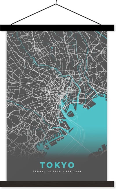Posterhanger incl. Poster 40x60 cm - Schoolplaat - Tokyo - Stadskaart - Blauw - Plattegrond - Kaart - Textielposter - Zwarte latten - Stadskaart