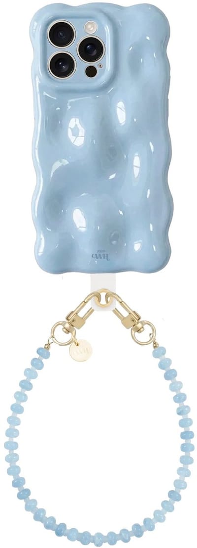 xoxo Wildhearts Bubbly case Ice Blue - Dusty Cord (kort) - Geschikt voor iPhone 16 Pro Max - Hoesje met bobbeltjes inclusief telefoonkoord - Krullende golfvorm - schokbestendig - Telefoonhoesje met koord - Koord ook afneembaar - Blauw