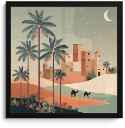 Poster in lijst - Fotolijst 40x40 cm - Posters - Nachtlandschap - Kamelen - Sterren - zandduinden - Posterlijst zwart - Decoratie - Wanddecoratie woonkamer - Muurdecoratie slaapkamer