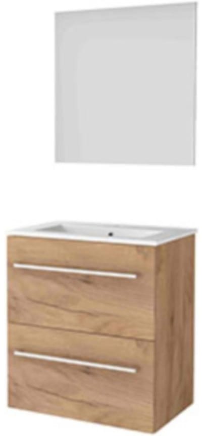 Basic-Line Ultimate 39 Badkamermeubelset - Ondiep - 60 x 39 cm - Greeploos - 2 Lades - Keramische Wastafel - 1 Kraangat - Spiegel met Indirecte LED Verlichting - Whisky Oak