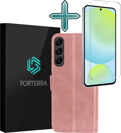 Hoesje Met Screenprotector - Geschikt voor Samsung Galaxy S24 FE - Luxe Pasjeshouder - Flipcase - Bookcase Portemonee - Flip Case - Kunstleer Book Case - Book Cover - Walletcase - Portemonneehoes - Rosé goud