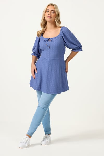 Yours Blauwe Getextureerde Melkmeisjestop Size 42