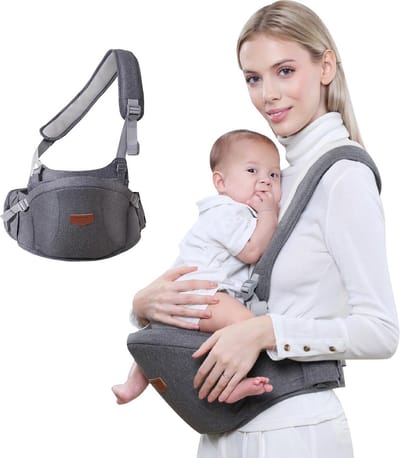 Ergonomische babydrager, Sunveno baby heupdrager, baby heupzitje met verstelbare riem en tas, baby heupkruk, praktische baby voordrager voor 0-20 kg baby (grijs (schouderbanden))